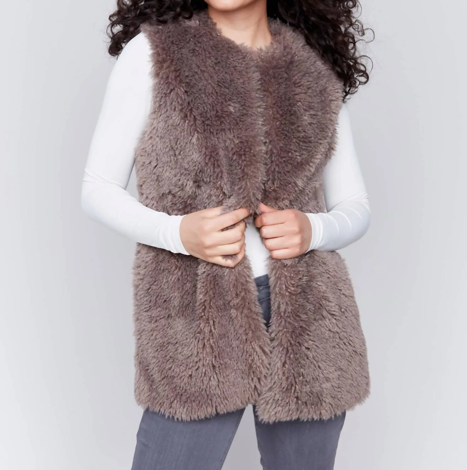 Long Faux Fur Vest In Taupe