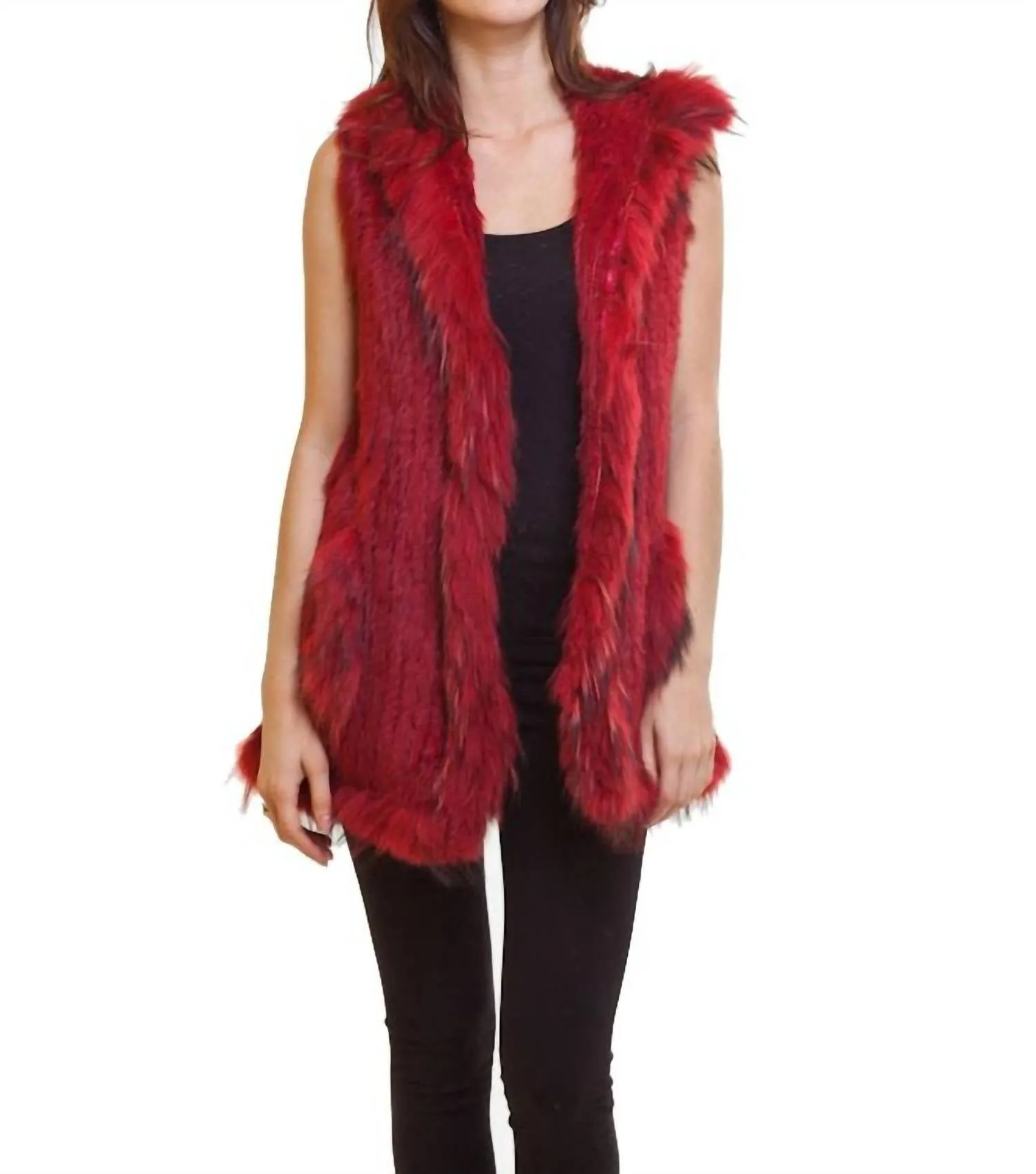 Long Fur Vest With Hood In Red