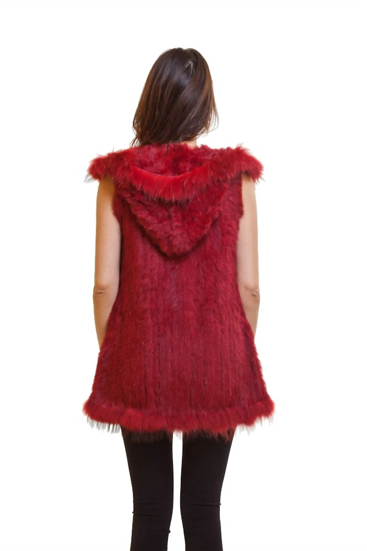 Long Fur Vest With Hood In Red