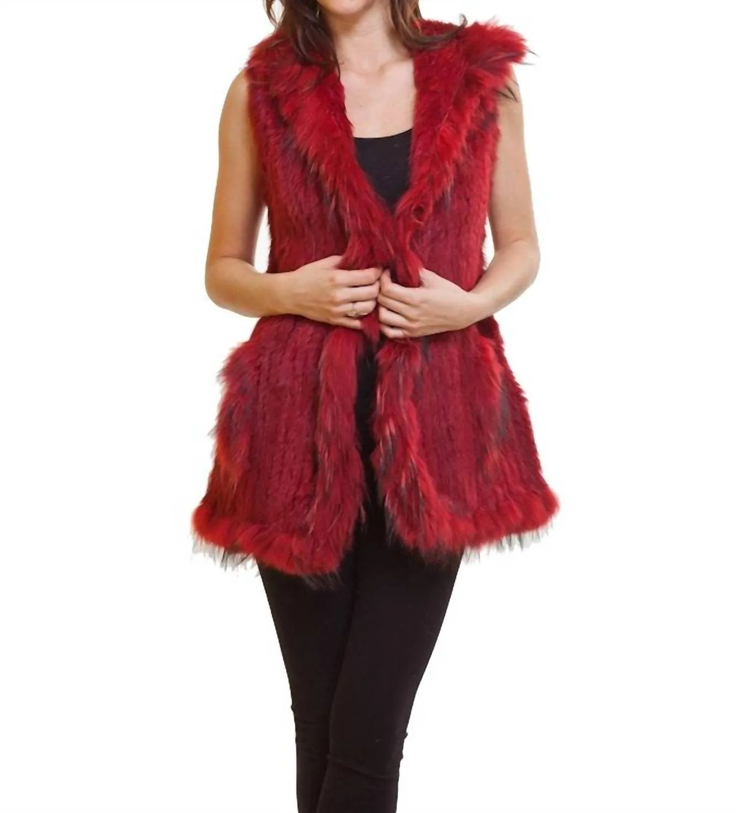 Long Fur Vest With Hood In Red