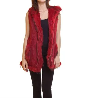 Long Fur Vest With Hood In Red