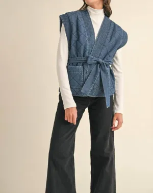 Lost In Thought Quilted Denim Vest In Blue