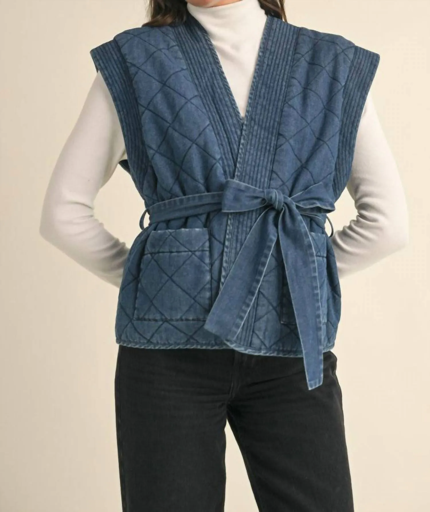 Lost In Thought Quilted Denim Vest In Blue
