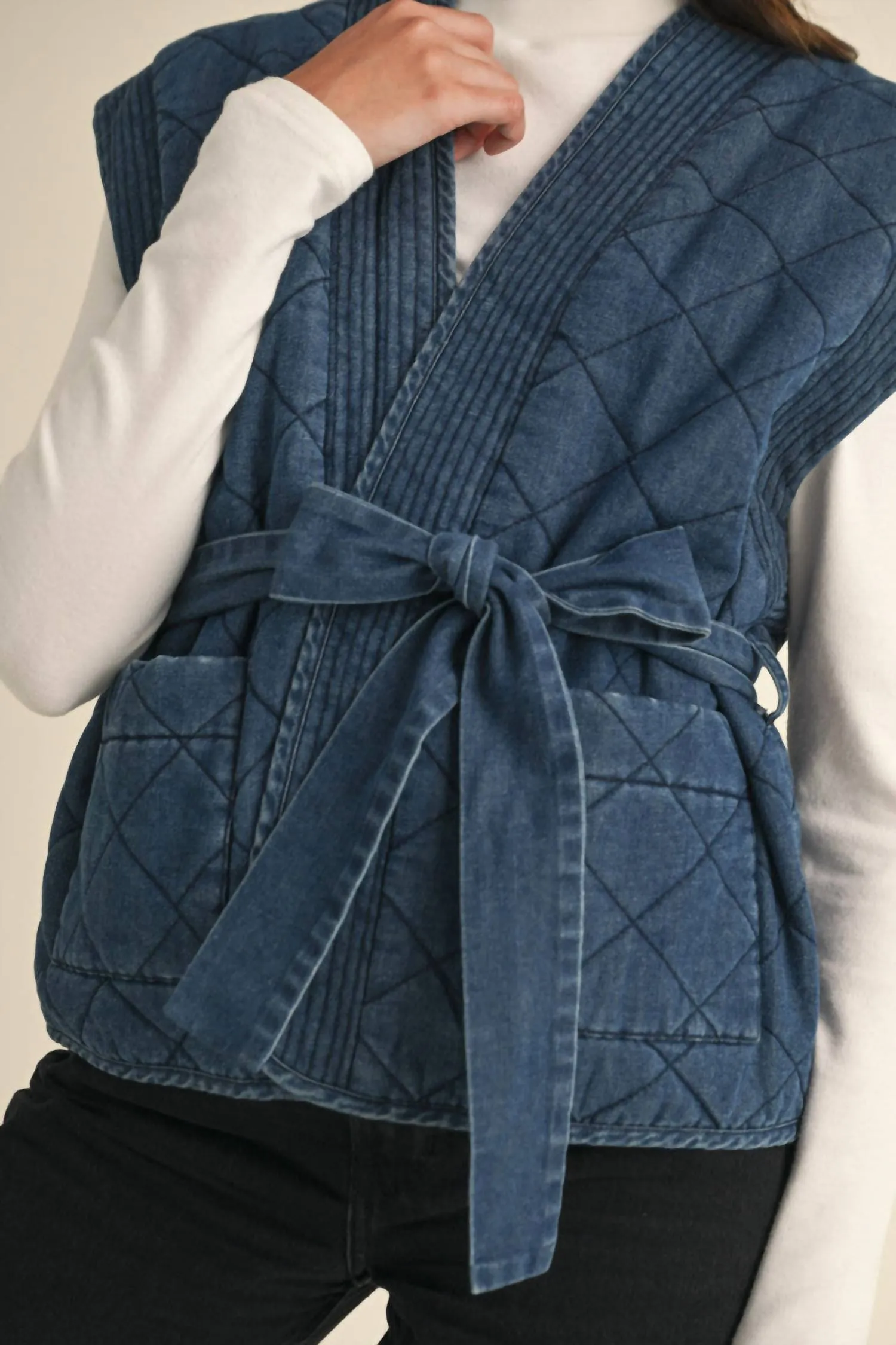 Lost In Thought Quilted Denim Vest In Blue