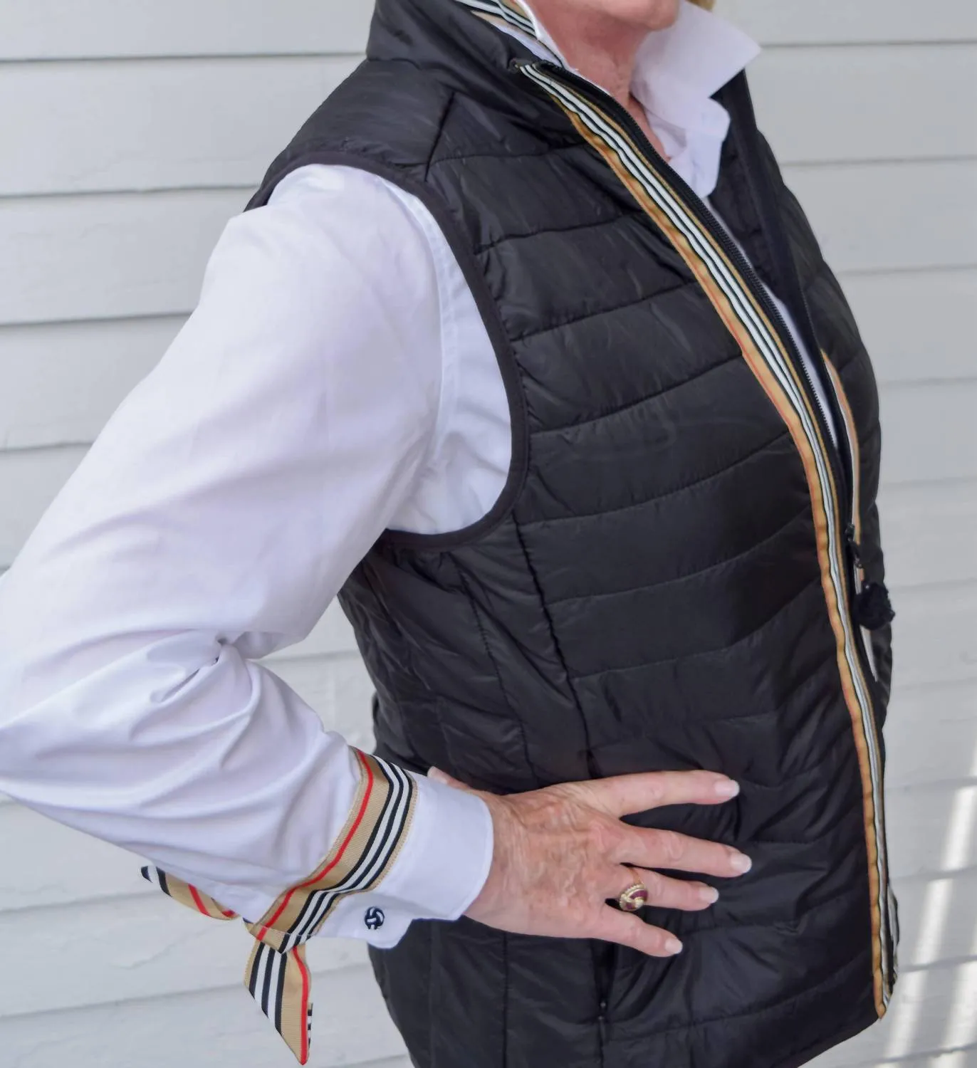 Maggie May Puffer Vest In Black/khaki Stripe