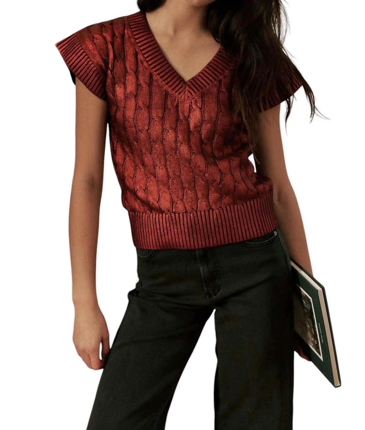 Metallic Sweater Vest In Burgundy