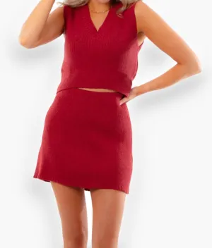 No Complaints V Neck Sweater Vest And Skirt Set In Crimson