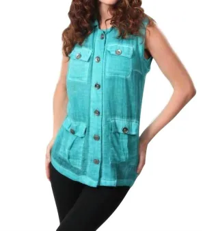 Oil Wash Cargo Pocket Vest In Teal