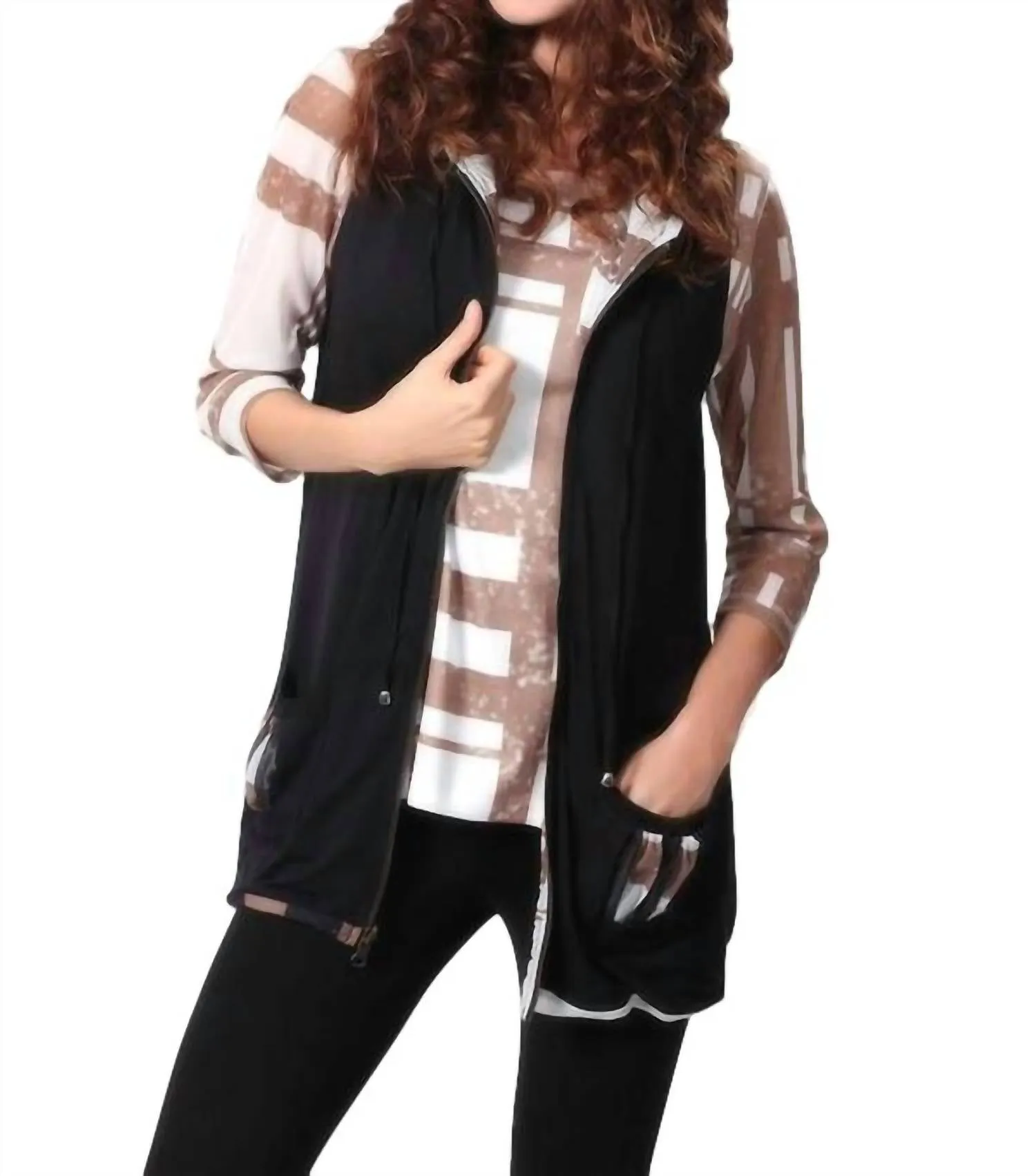 On The Grid Hooded Vest In Black/taupe