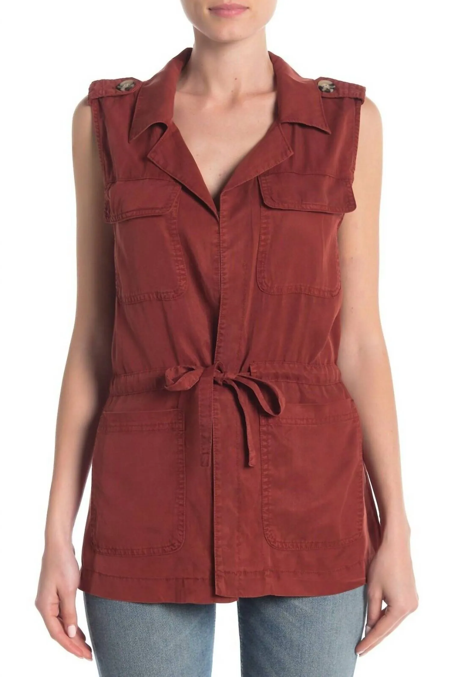 Open Front Tie Waist Cargo Vest In Red