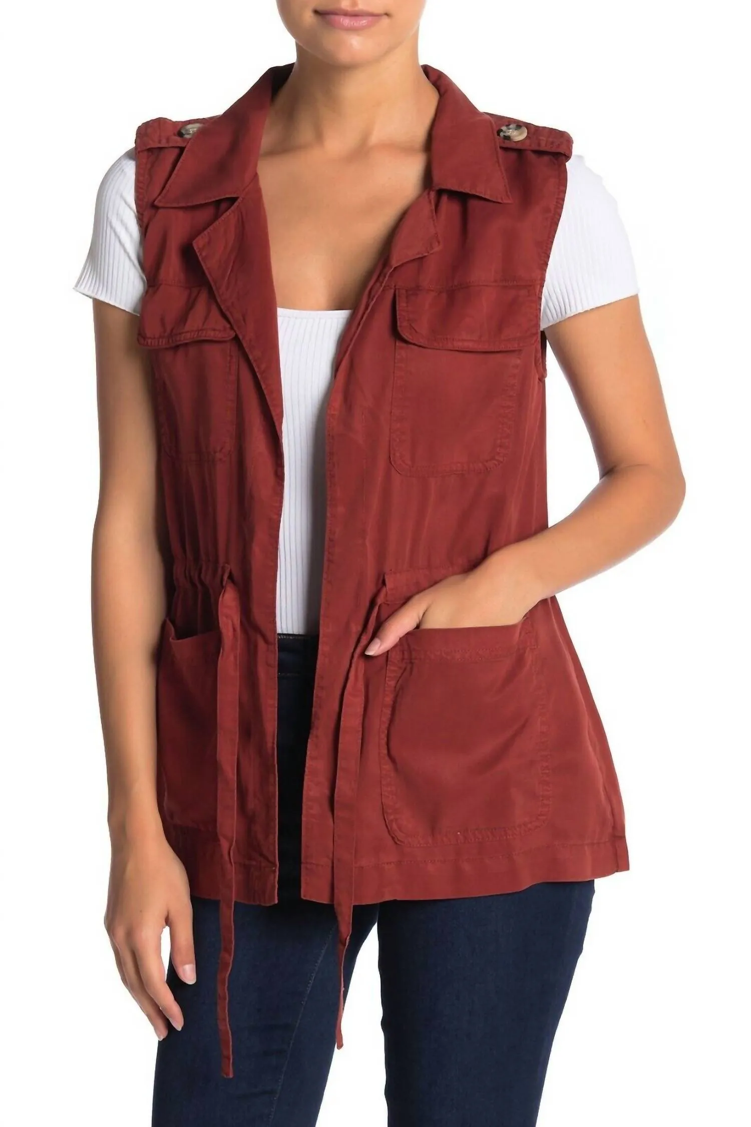 Open Front Tie Waist Cargo Vest In Red