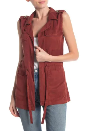 Open Front Tie Waist Cargo Vest In Red