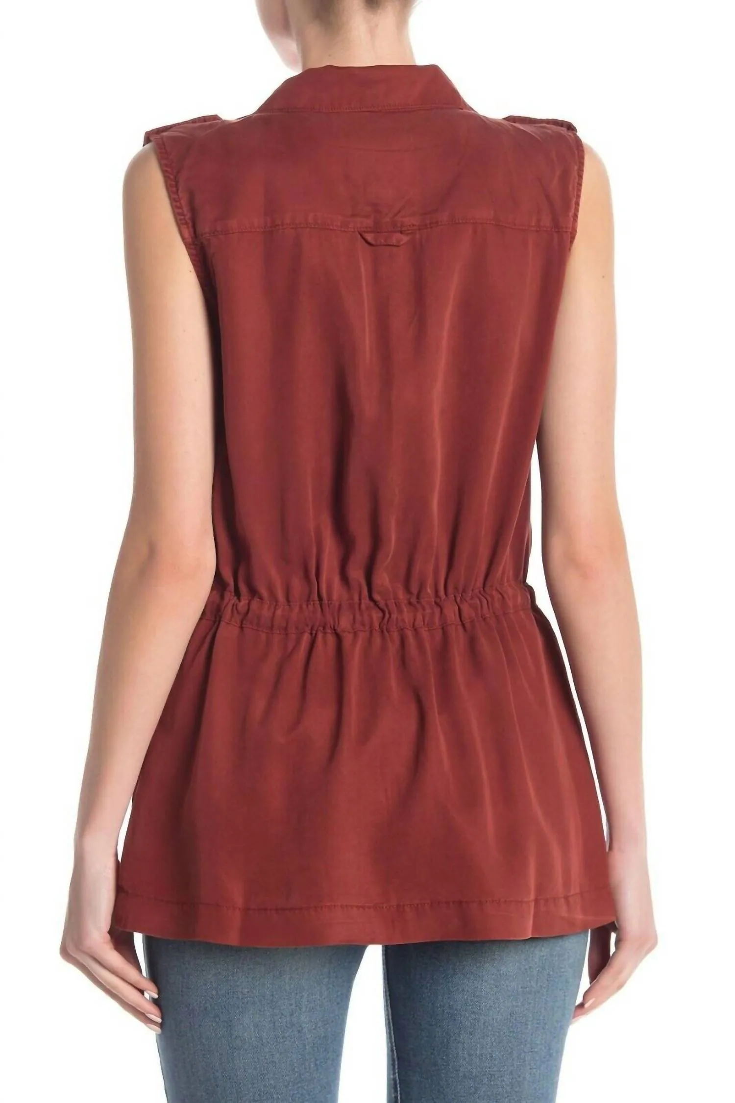 Open Front Tie Waist Cargo Vest In Red