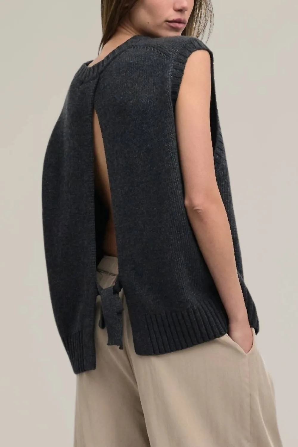 Open Tie Back Sweater Vest In Charcoal