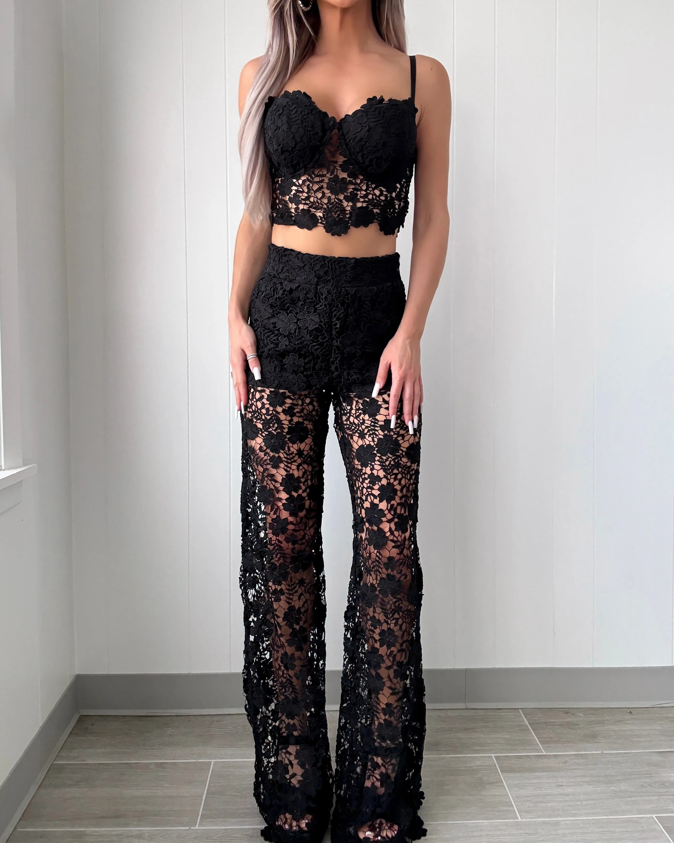 Opulent Lace Pants Set - Black
