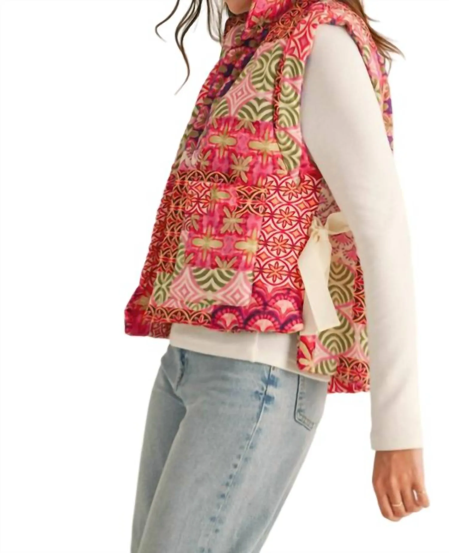 Patchwork Quilted Vest In Ivory Brick