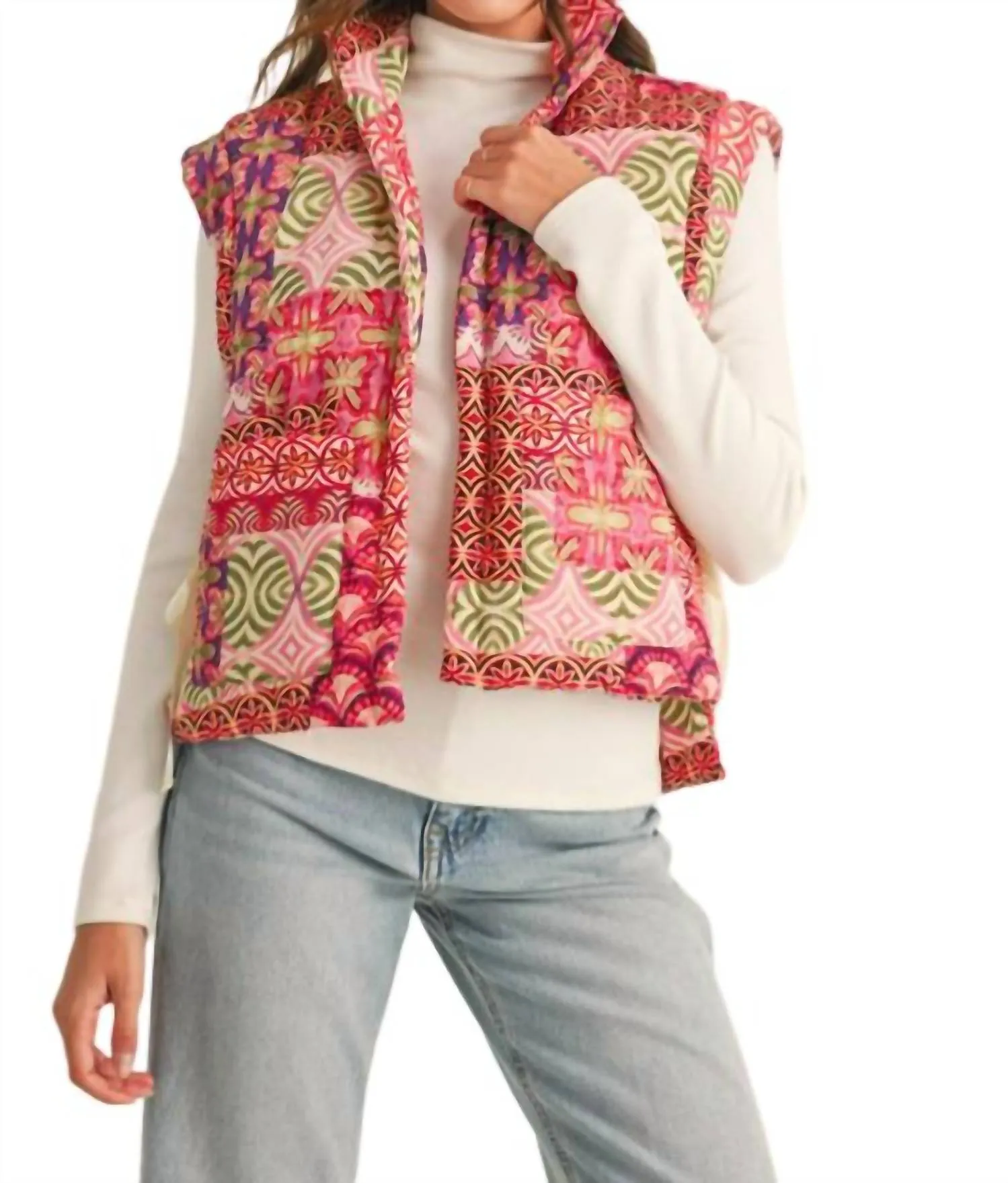 Patchwork Quilted Vest In Ivory Brick