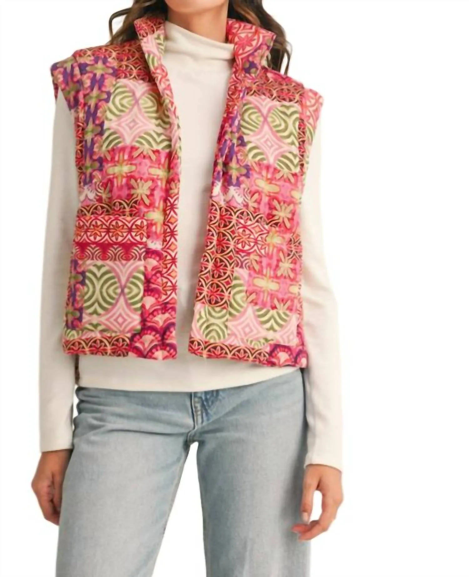 Patchwork Quilted Vest In Ivory Brick