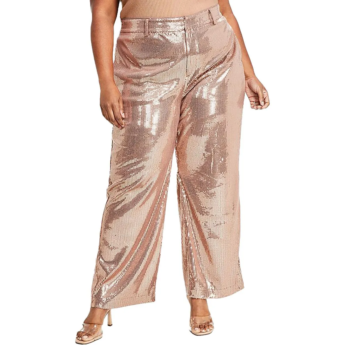 Plus Womens Sequined Wide Leg Dress Pants