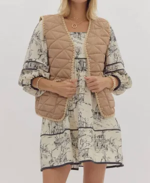 Quilted Button Up Vest In Light Camel