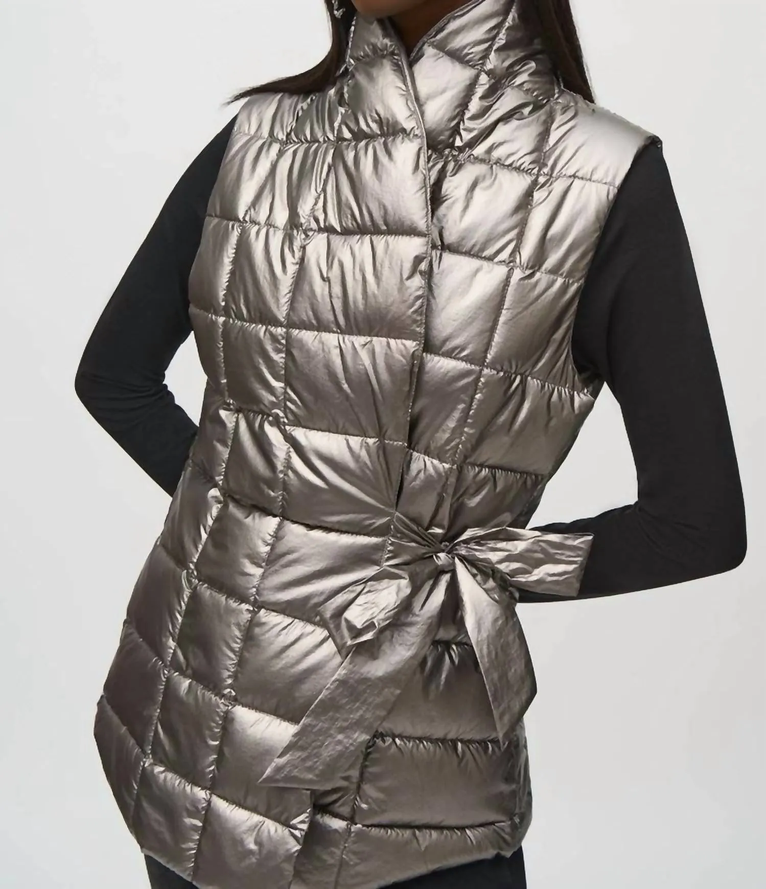 Quilted Metallic Puffer Vest In Pewter