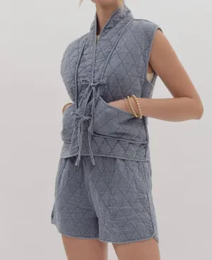 Quilted Tie Vest In Denim