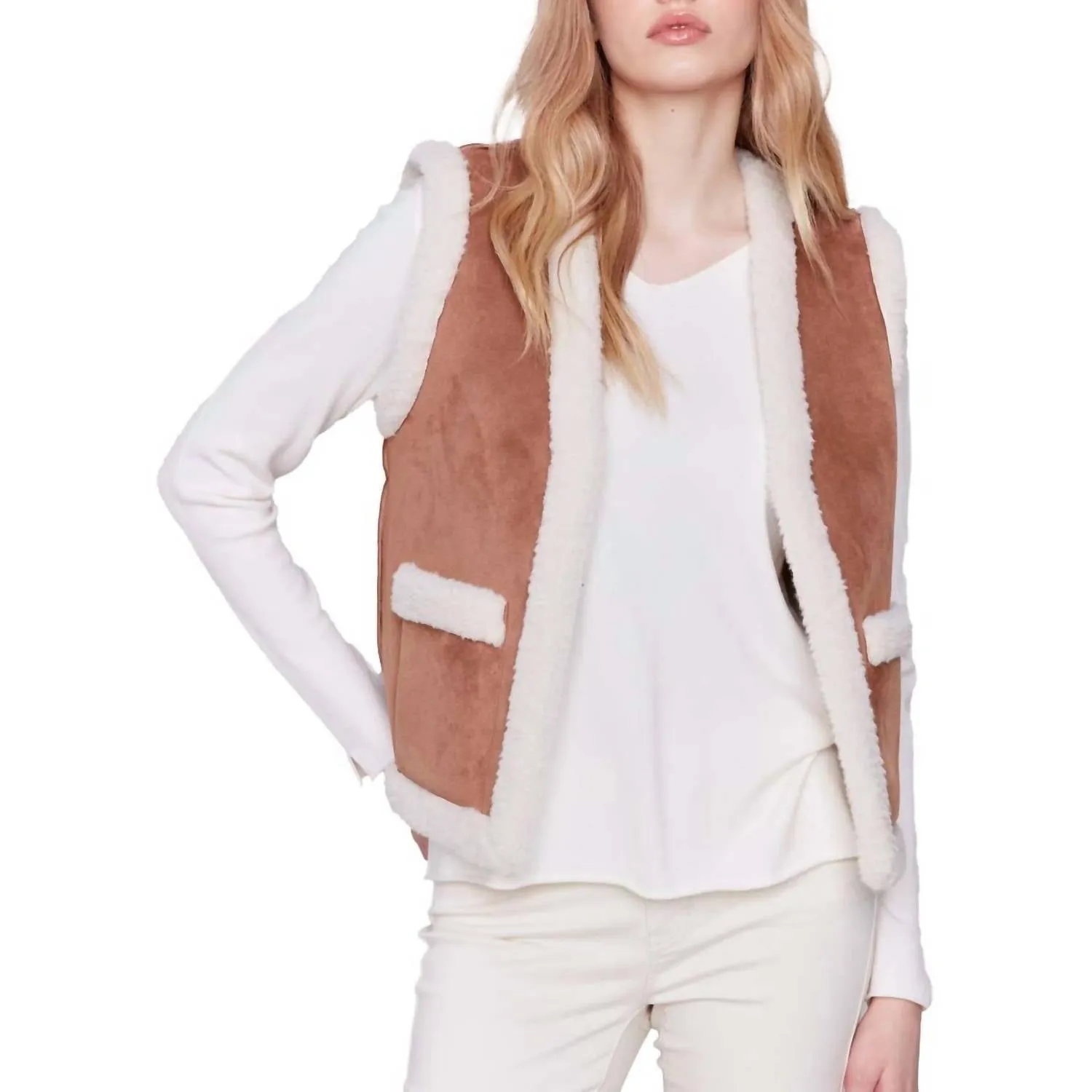 Reverisble Faux Fur & Suede Vest In Ercu