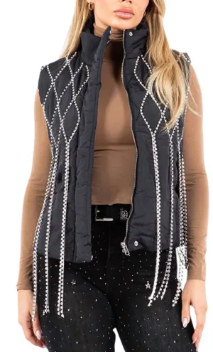 Rhinestone Chain Jacket Vest In Black