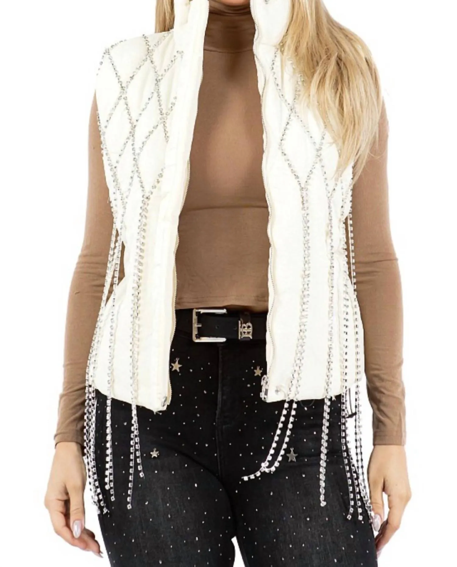 Rhinestone Chain Jacket Vest In Ivory