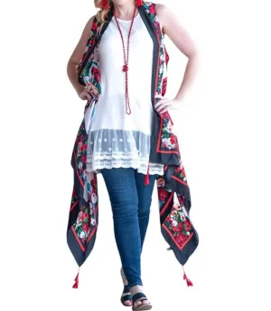 Rose Vest With Tassels In Black/white/red