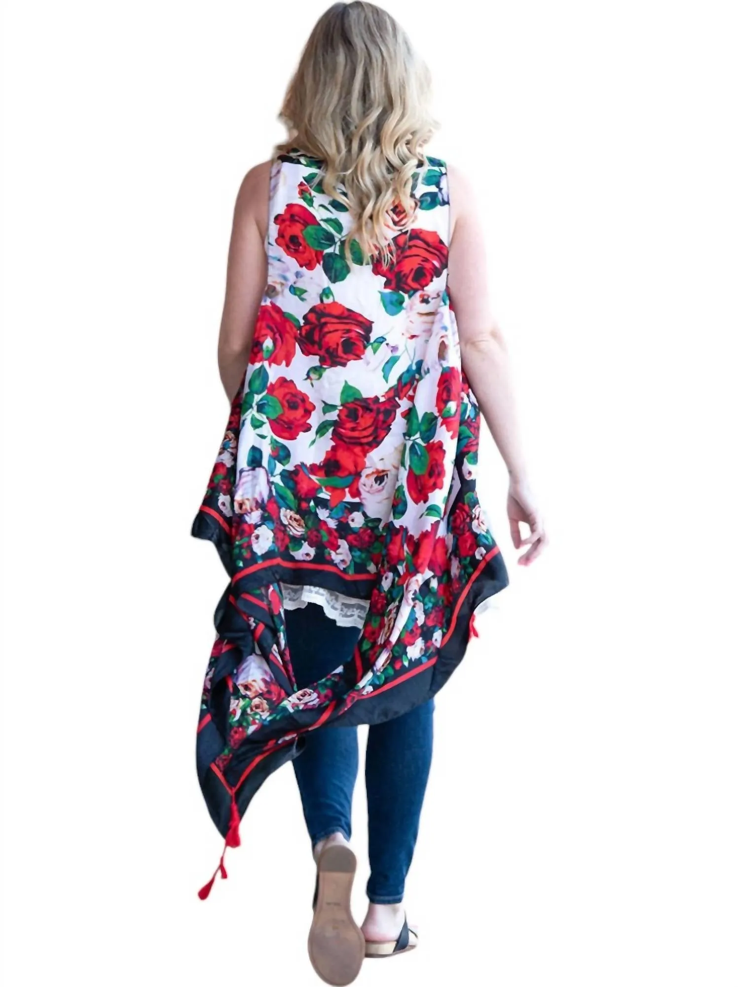 Rose Vest With Tassels In Black/white/red