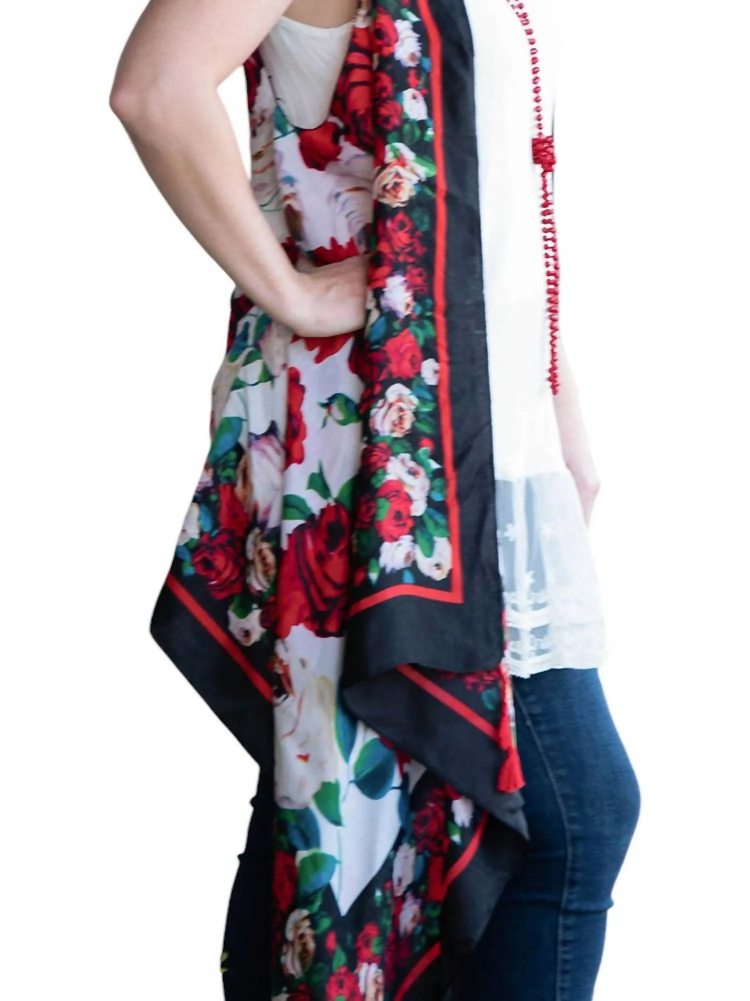 Rose Vest With Tassels In Black/white/red