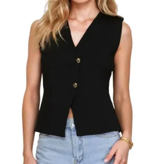 Rosie Large Gold Buttons Knit Vest In Black