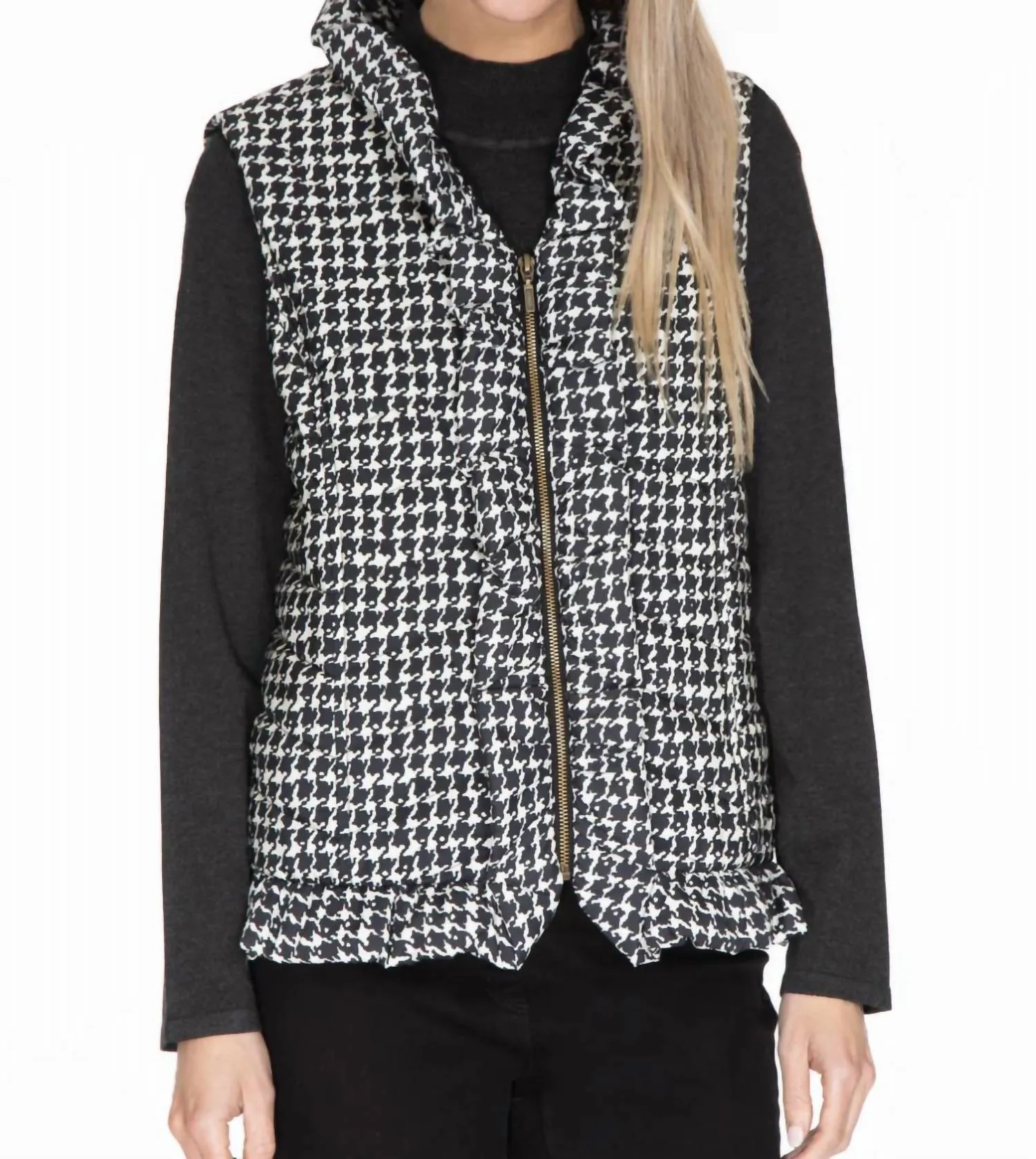 Ruffle Trim Houndstooth Vest In Black/white
