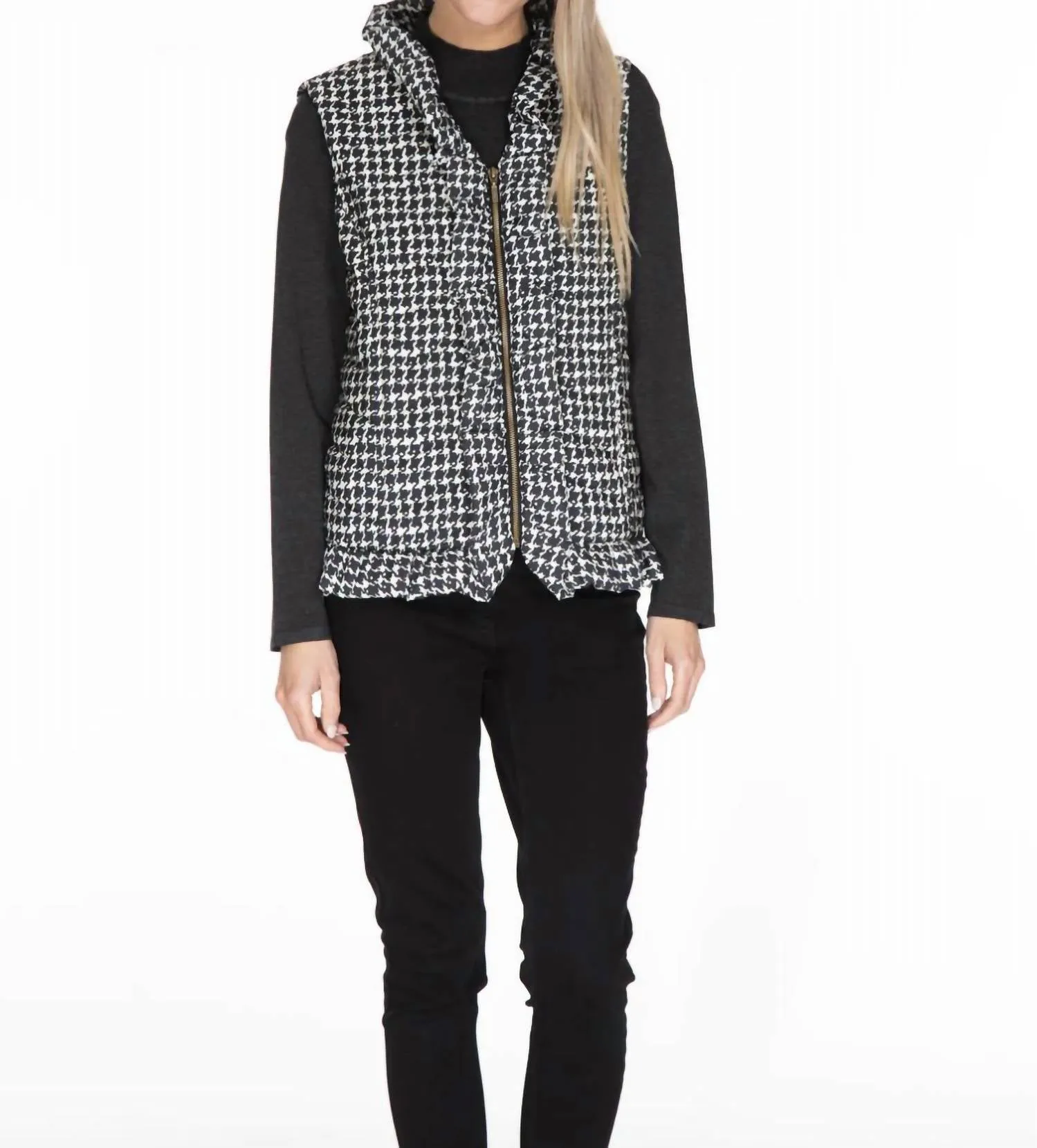 Ruffle Trim Houndstooth Vest In Black/white