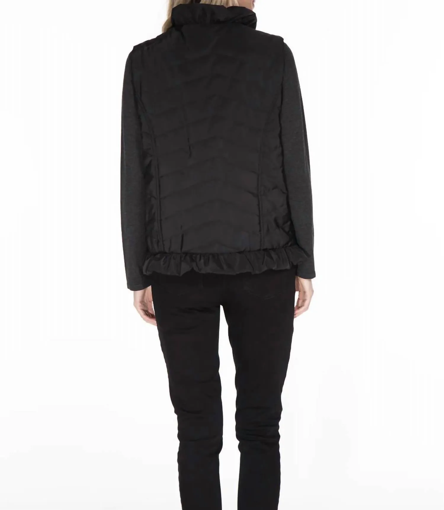 Ruffle Trim Quilted Nylon Vest In Black