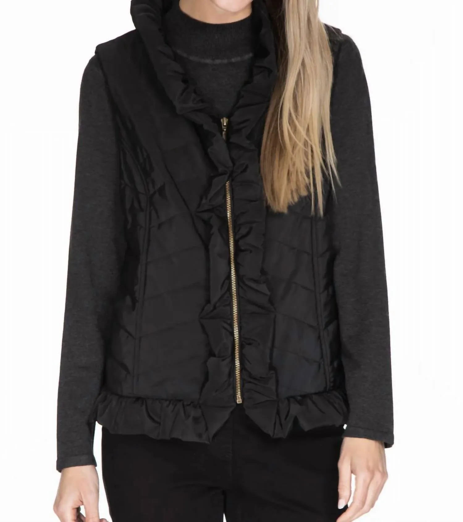 Ruffle Trim Quilted Nylon Vest In Black