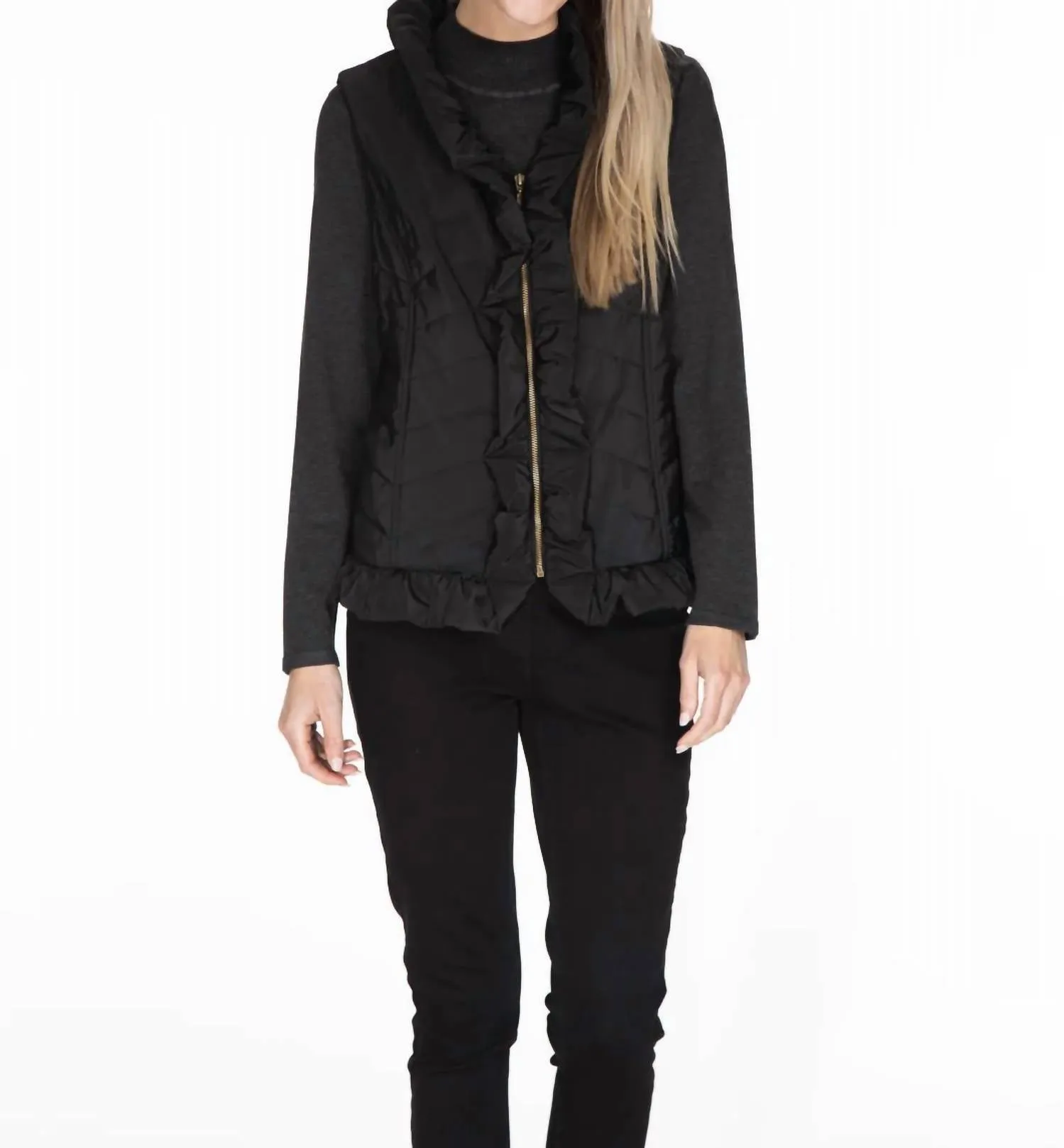 Ruffle Trim Quilted Nylon Vest In Black