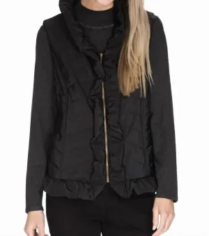 Ruffle Trim Quilted Nylon Vest In Black