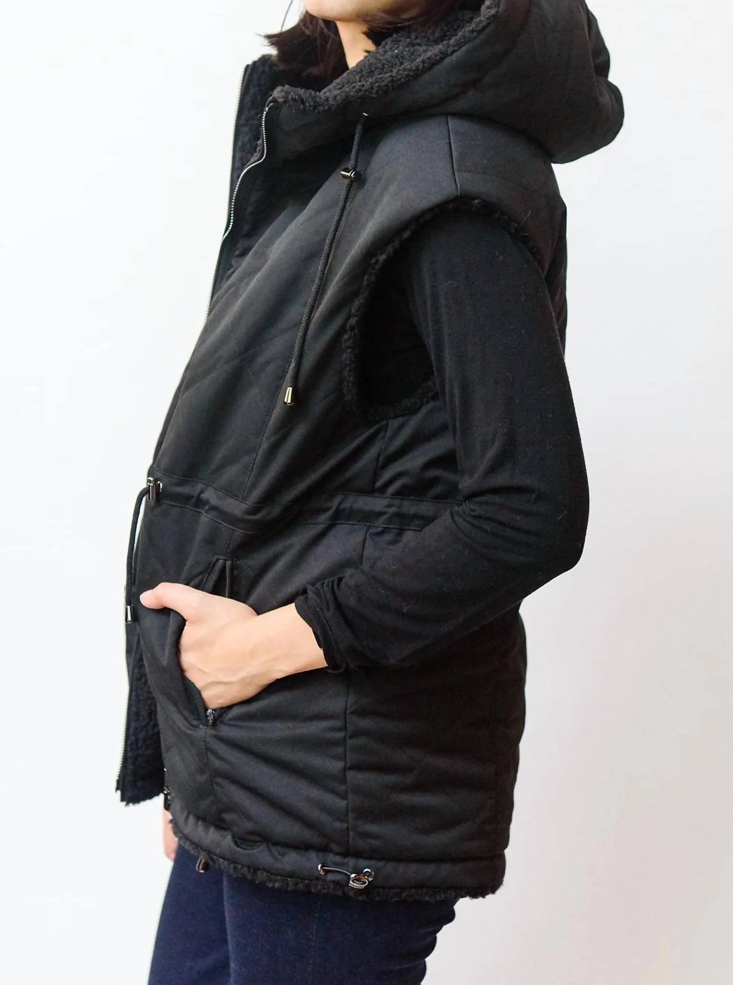 Shearling Reversible Hooded Vest In Black