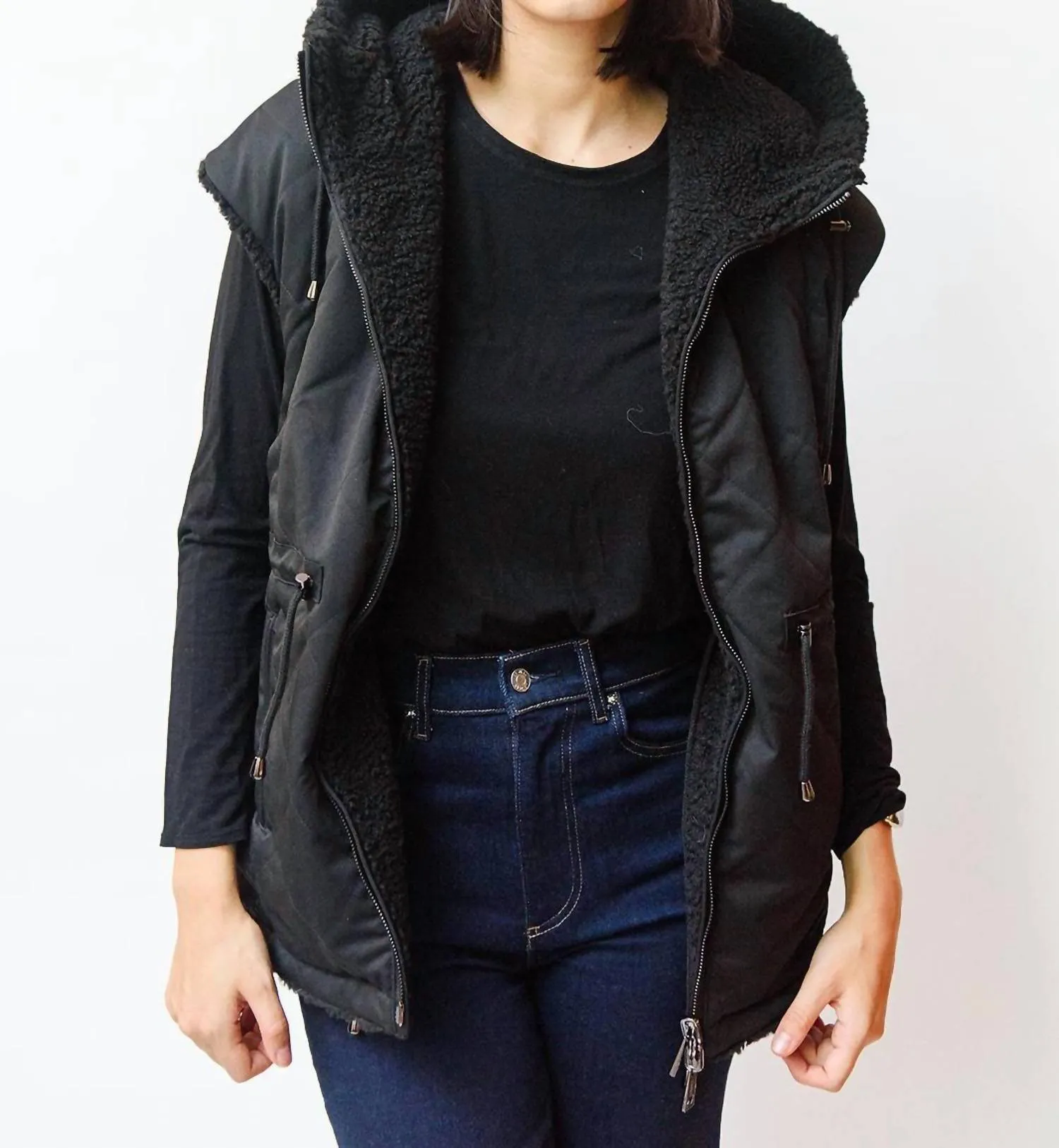 Shearling Reversible Hooded Vest In Black