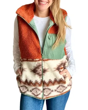 Sherpa Fleece Tribal Print High Neck Vest In Clay