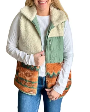 Sherpa Fleece Tribal Print High Neck Vest In Ivory
