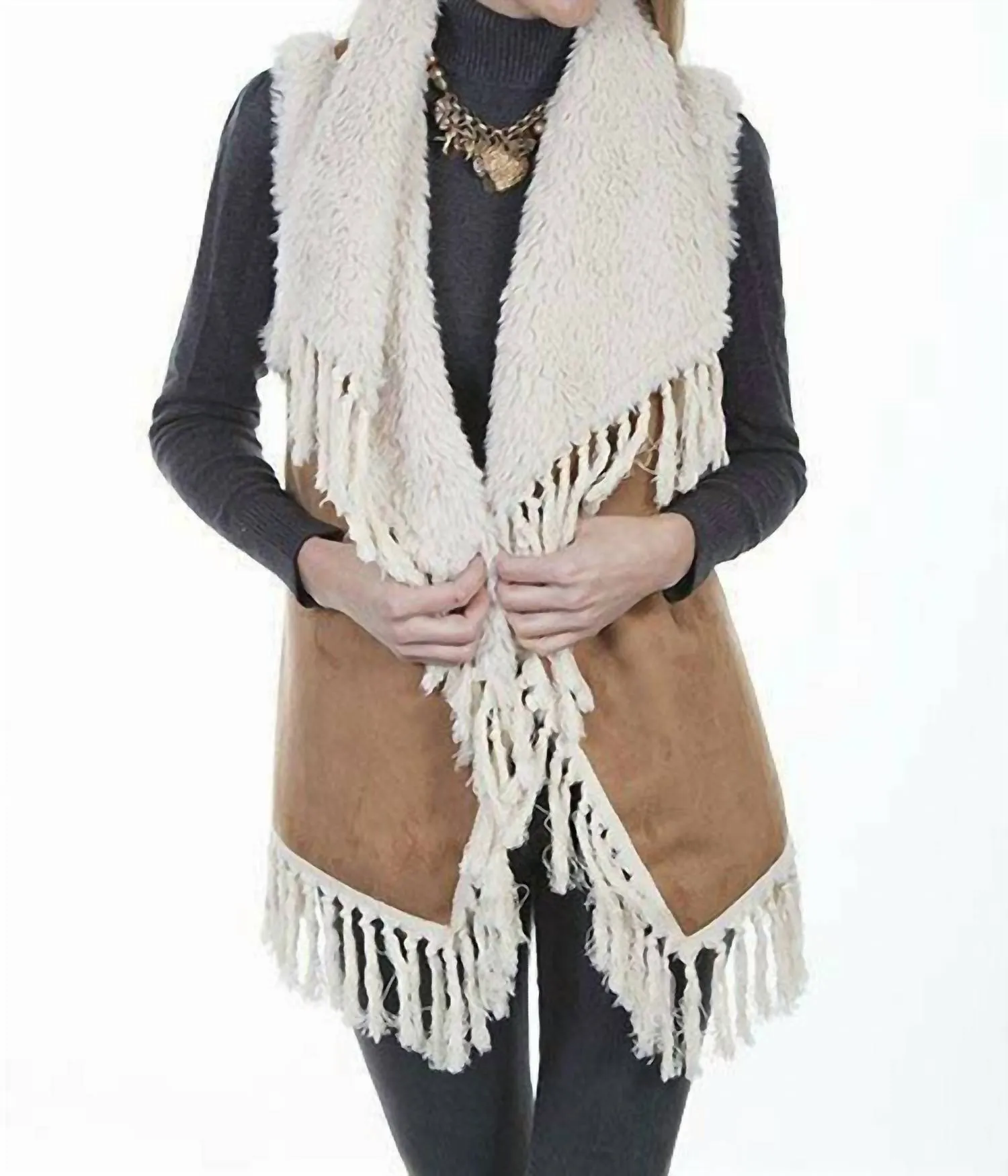 Sherpa Lined Suede Fringe Vest In Multi