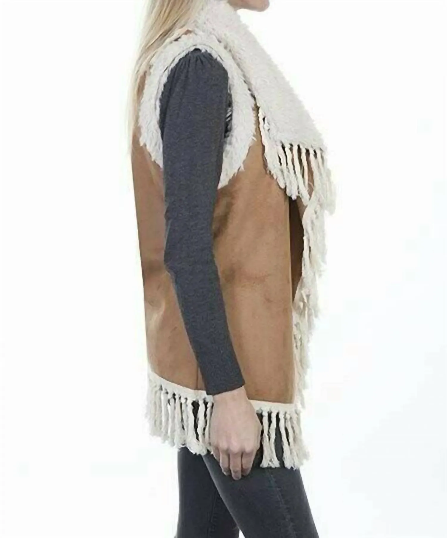 Sherpa Lined Suede Fringe Vest In Multi