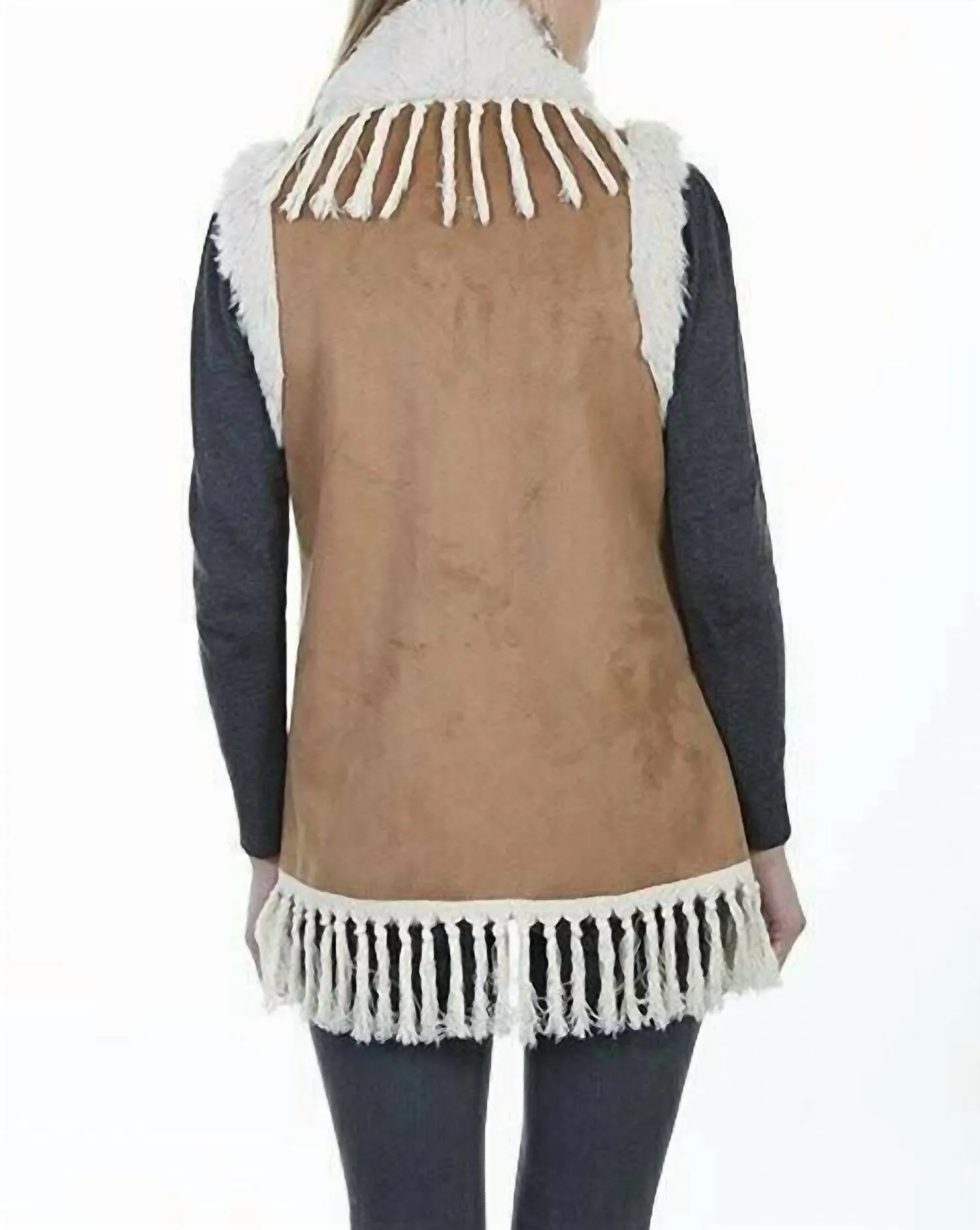 Sherpa Lined Suede Fringe Vest In Multi