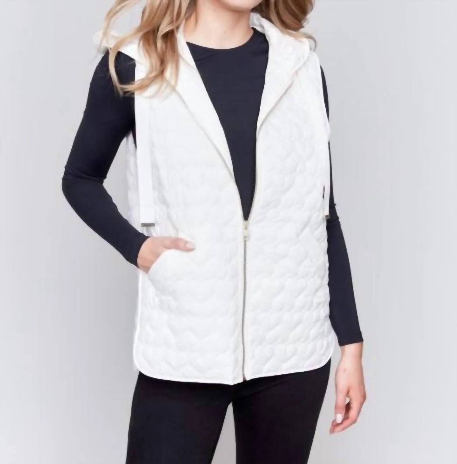 Short Hoodie Quilted Vest In Ecru White