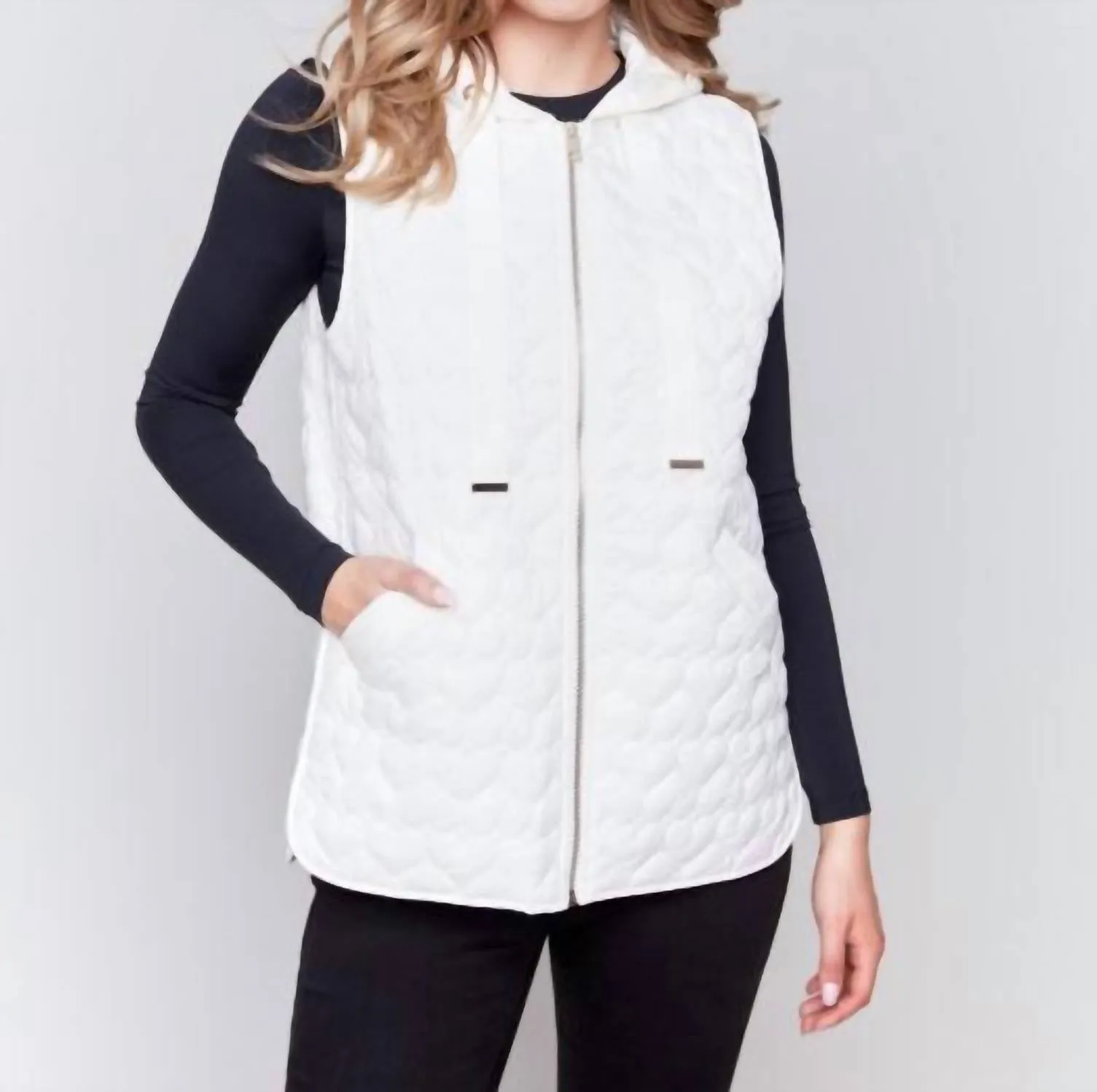 Short Hoodie Quilted Vest In Ecru White