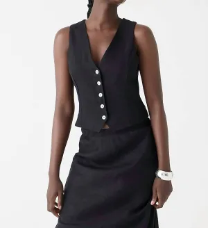 Slim Fit Linen Vest In Black