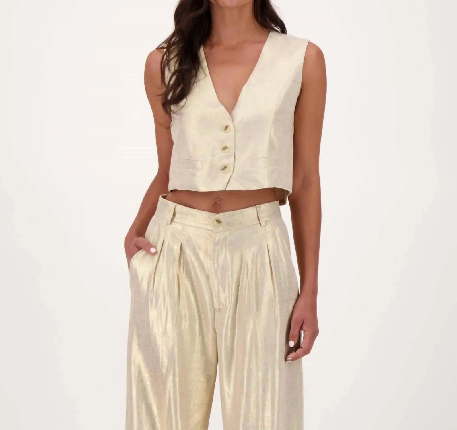 Solid Button Front Vest In Gold